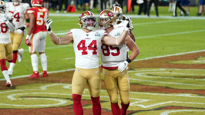 Juszczyk (left) has also garnered attention this season for his wife, Kristin’s, clothing designs.